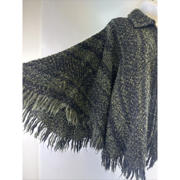 Branigan Weavers Wool Cape Poncho Sweater Full Zip Green Black Striped One Size - Picture 2 of 13
